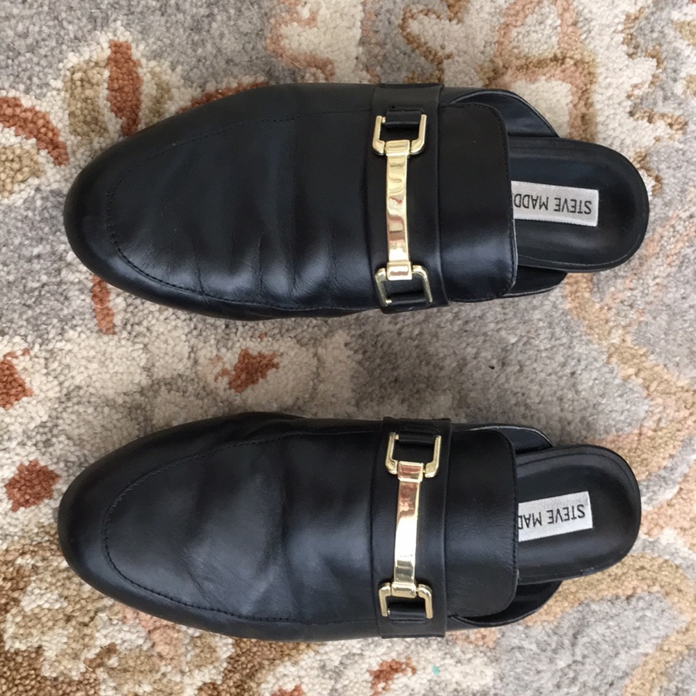 Black Steve Madden Mules with Gold Button Detail
